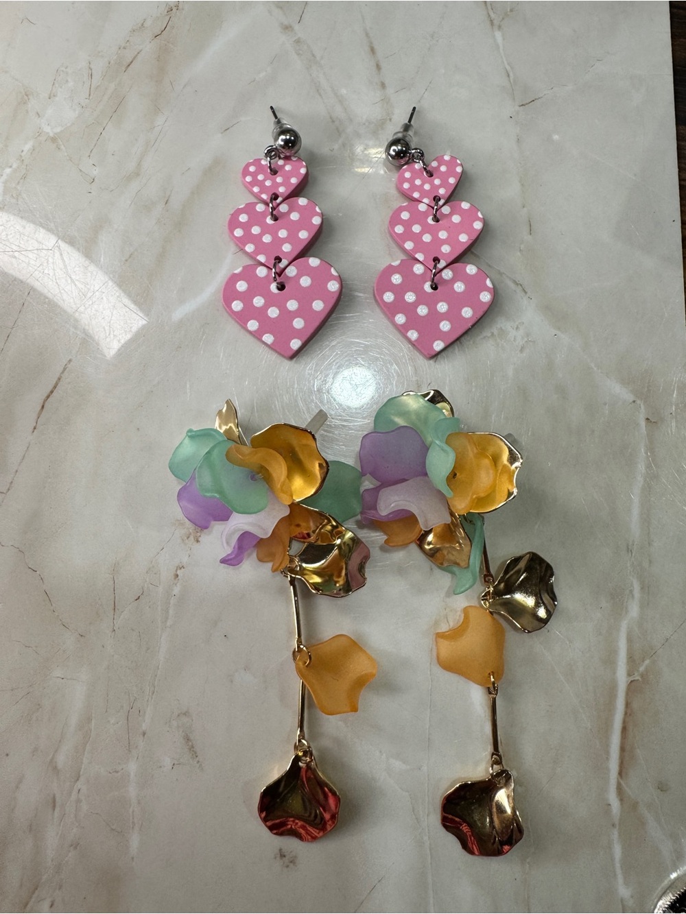 2 pairs Polka Dot Pink Heart and multicoloured Drop Earrings - Unbranded